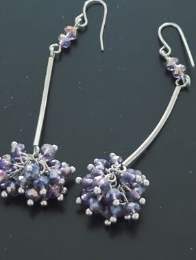 Purple Crystal Cluster Drop Earrings - Silver Tone